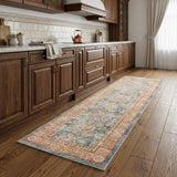 8' Coral And Blue Oriental Runner Rug