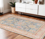 4' X 6' Coral And Blue Oriental Area Rug