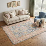 5' X 8' Coral And Blue Oriental Area Rug