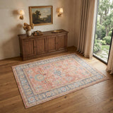 4' X 6' Coral And Blue Oriental Area Rug