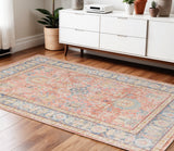 4' X 6' Coral And Blue Oriental Area Rug