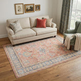 5' X 8' Coral And Blue Oriental Area Rug