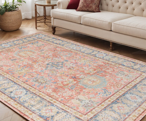 5' X 8' Coral And Blue Oriental Area Rug