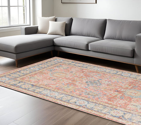 8' X 10' Coral And Blue Oriental Area Rug