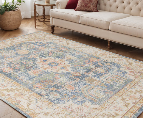 5' X 8' Coral And Blue Floral Area Rug