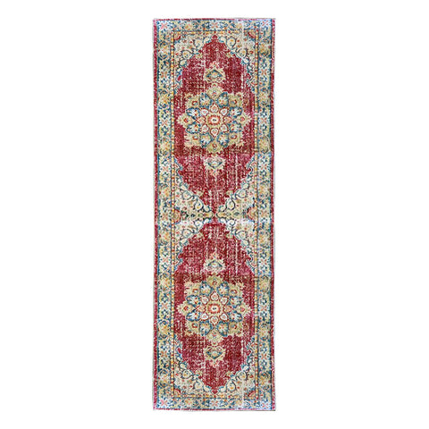 8' Ivory Red And Blue Medallion Runner Rug