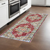 8' Ivory Red And Blue Medallion Runner Rug