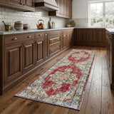 8' Ivory Red And Blue Medallion Runner Rug