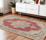 4' X 6' Ivory Red And Blue Medallion Area Rug