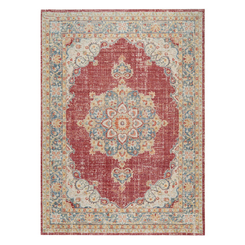4' X 6' Ivory Red And Blue Medallion Area Rug