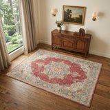 4' X 6' Ivory Red And Blue Medallion Area Rug
