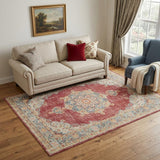 5' X 8' Ivory Red And Blue Medallion Area Rug