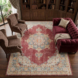 8' X 10' Ivory Red And Blue Medallion Area Rug