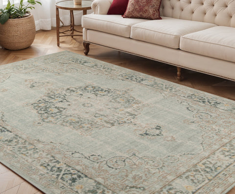 5' X 8' Tan And Light Green Medallion Area Rug