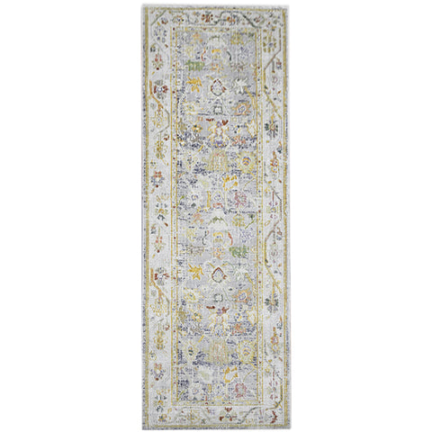8' Ivory Blue And Green Floral Runner Rug