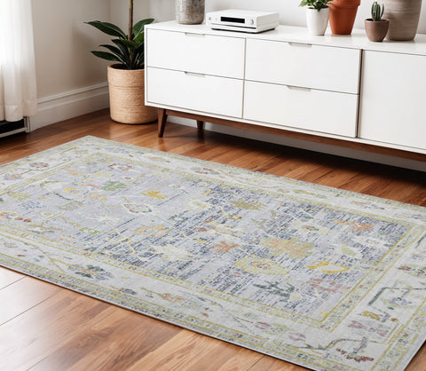 4' X 6' Ivory Blue And Green Floral Area Rug