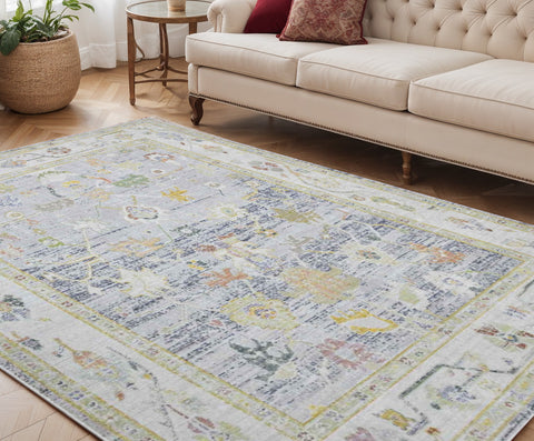 5' X 8' Ivory Blue And Green Floral Area Rug