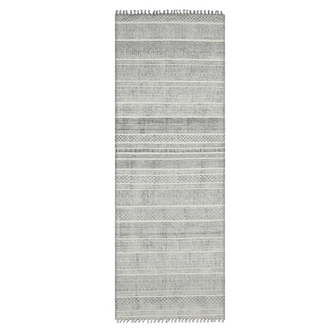 8' Ivory Black And Gray Geometric Flatweave Handmade Distressed Runner Rug With Fringe