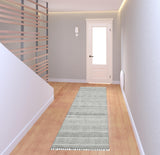 8' Ivory Black And Gray Geometric Flatweave Handmade Distressed Runner Rug With Fringe