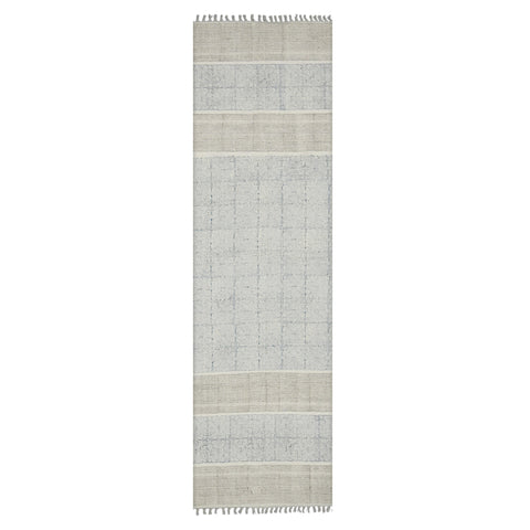 8' Blue And Gray Striped Flatweave Handmade Distressed Runner Rug With Fringe