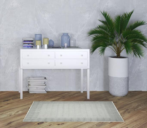 3' X 5' Gray And Blue Geometric Flatweave Handmade Distressed Area Rug With Fringe