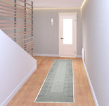 8' Gray And Blue Geometric Flatweave Handmade Distressed Runner Rug With Fringe
