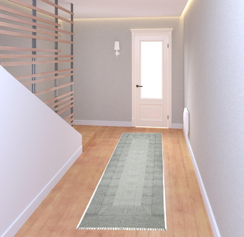8' Gray And Blue Geometric Flatweave Handmade Distressed Runner Rug With Fringe