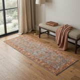 7' Teal And Orange Medallion Distressed Runner Rug