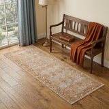 7' Beige Orange And Teal Southwestern Runner Rug