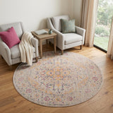 6' Ivory And Yellow Oriental Distressed Round Rug