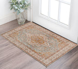 2' X 3' Orange Light Blue And Beige Oriental Area Rug