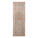 7' Orange Light Blue And Beige Oriental Runner Rug