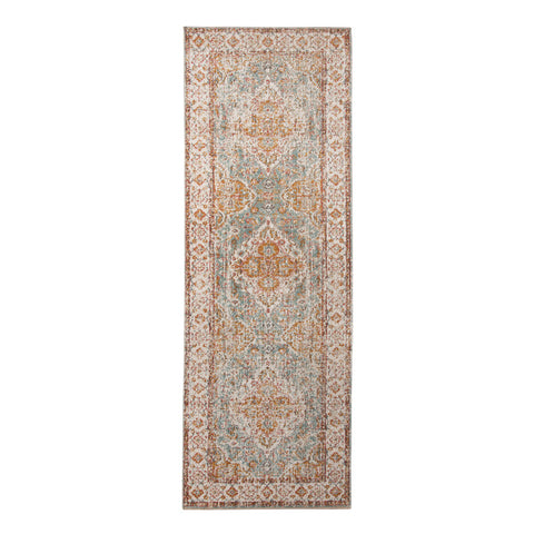 7' Orange Light Blue And Beige Oriental Runner Rug
