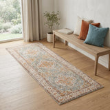 7' Orange Light Blue And Beige Oriental Runner Rug