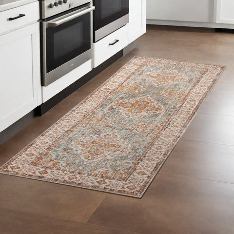 7' Orange Light Blue And Beige Oriental Runner Rug
