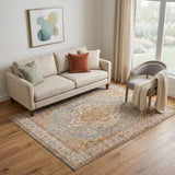 5' X 8' Orange Light Blue And Beige Oriental Area Rug