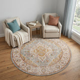6' Orange Light Blue And Beige Oriental Distressed Round Rug