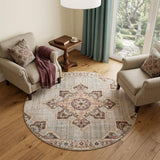 6' Beige Rust And Teal Medallion Round Rug