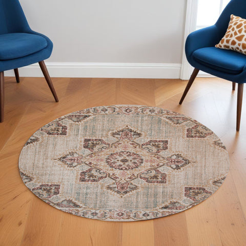 6' Beige And Rust Medallion Round Rug