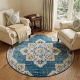6' Blue Rust And Beige Medallion Round Rug
