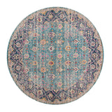 6' Teal Navy and Orange Floral Power Loom Worn Faded Round Rug
