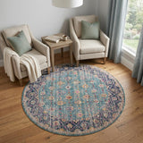 6' Turquoise And Orange Floral Distressed Round Rug