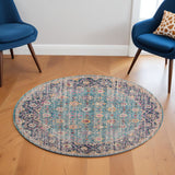6' Teal Navy and Orange Floral Power Loom Worn Faded Round Rug