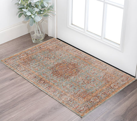 2' X 3' Teal Red And Orange Medallion Area Rug