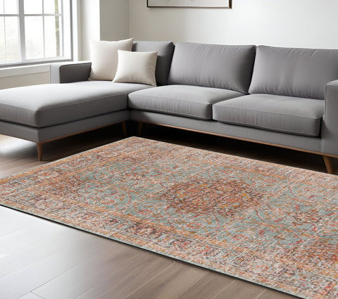 6' X 8' Teal Red and Orange Medallion Power Loom Area Rug