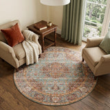6' Teal Red And Orange Medallion Round Rug