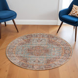 6' Teal Red and Orange Medallion Power Loom Round Rug