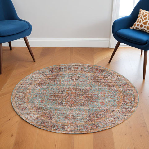 6' Teal Red and Orange Medallion Power Loom Round Rug
