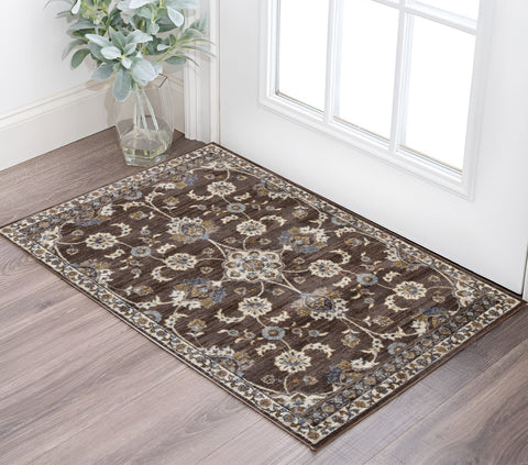 2' X 3' Ivory Blue And Brown Floral Area Rug