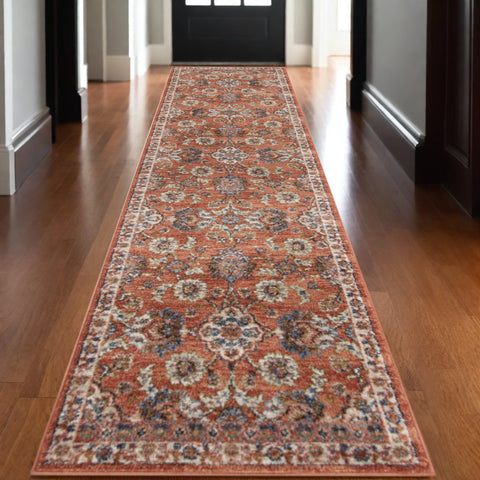 10' Ivory Blue and Orange Floral Power Loom Runner Rug